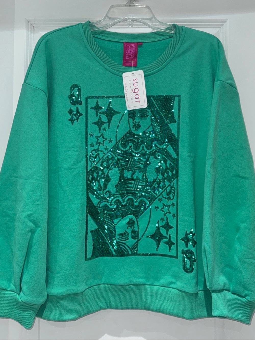 Queen Of Sparkles NWT S (Oversized) Teal Queen Card Sequined Sweatshirt